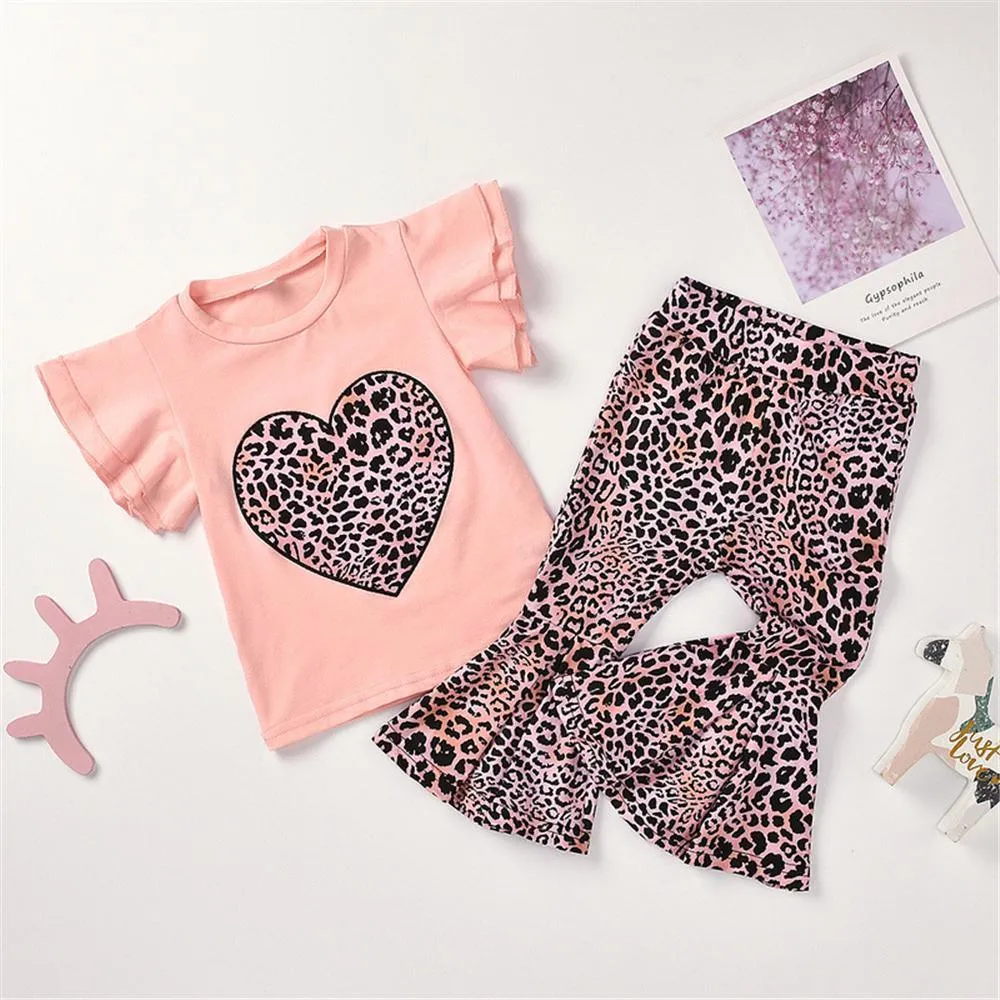 Girls Heart Leopard Printed Short Sleeve Top & Bell Trousers Wholesale Girl clothes