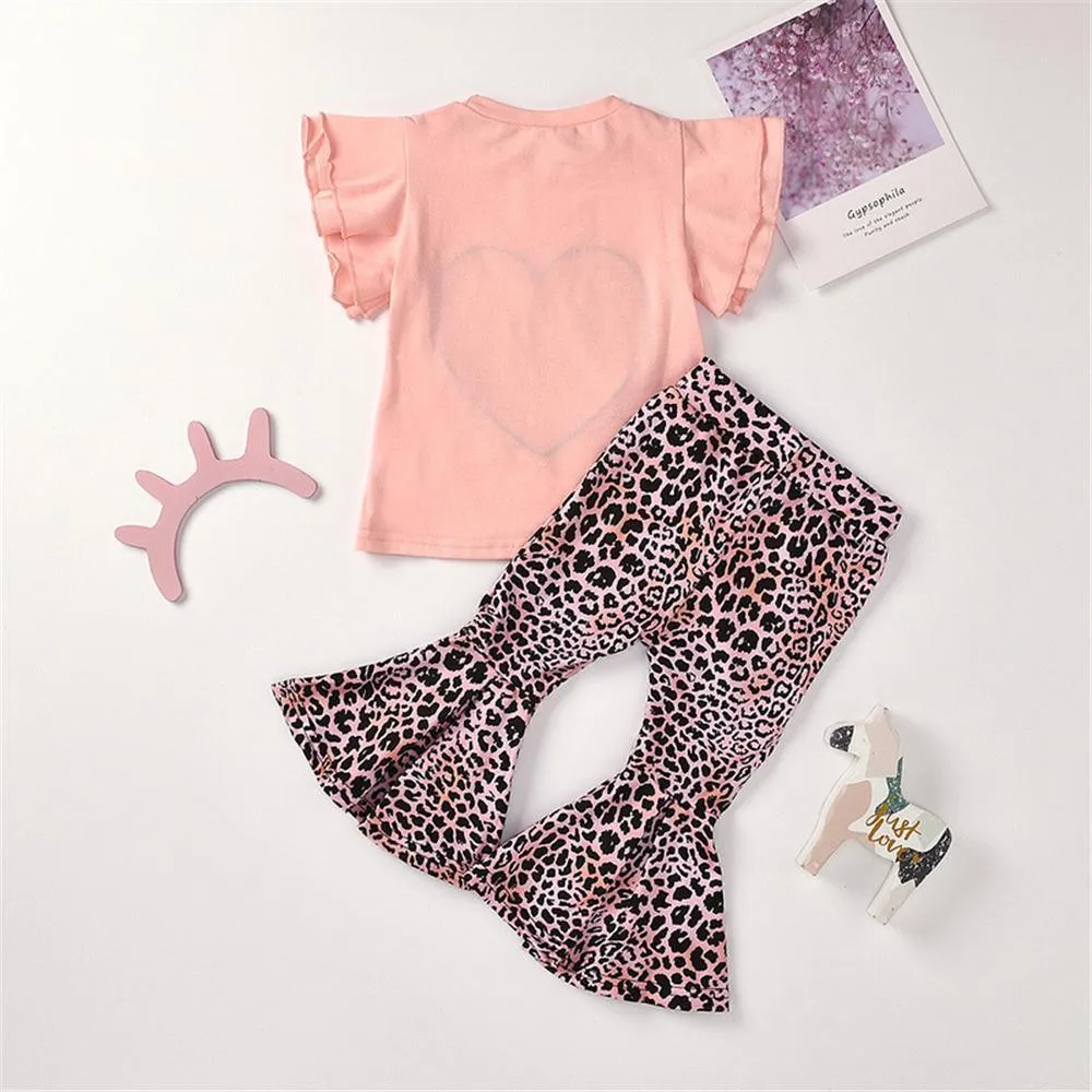 Girls Heart Leopard Printed Short Sleeve Top & Bell Trousers Wholesale Girl clothes