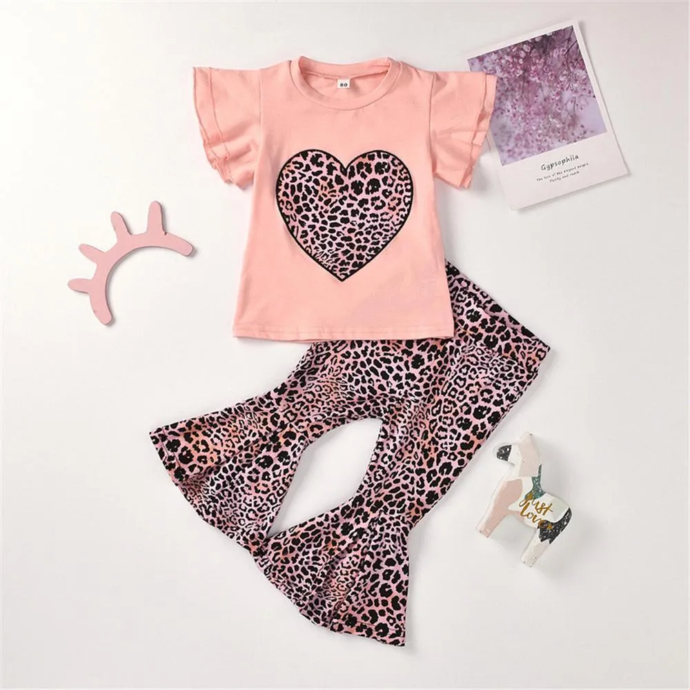 Girls Heart Leopard Printed Short Sleeve Top & Bell Trousers Wholesale Girl clothes