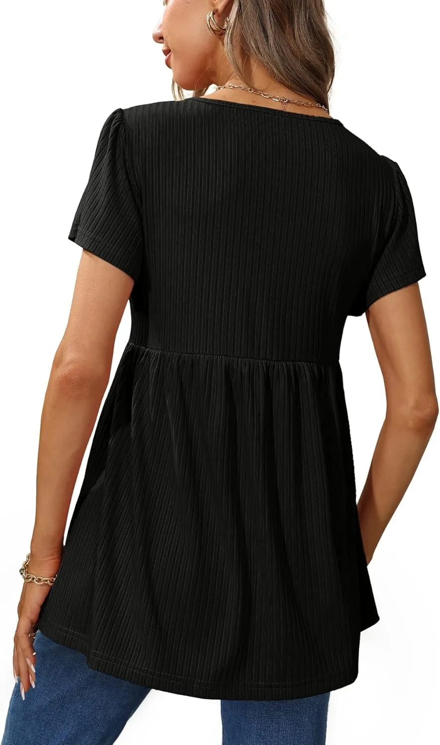 Glanzition Women Ruffle Short Sleeve V Neck Oversized Shirt Tunic Babydoll Tops