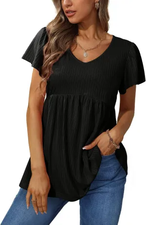 Glanzition Women Ruffle Short Sleeve V Neck Oversized Shirt Tunic Babydoll Tops