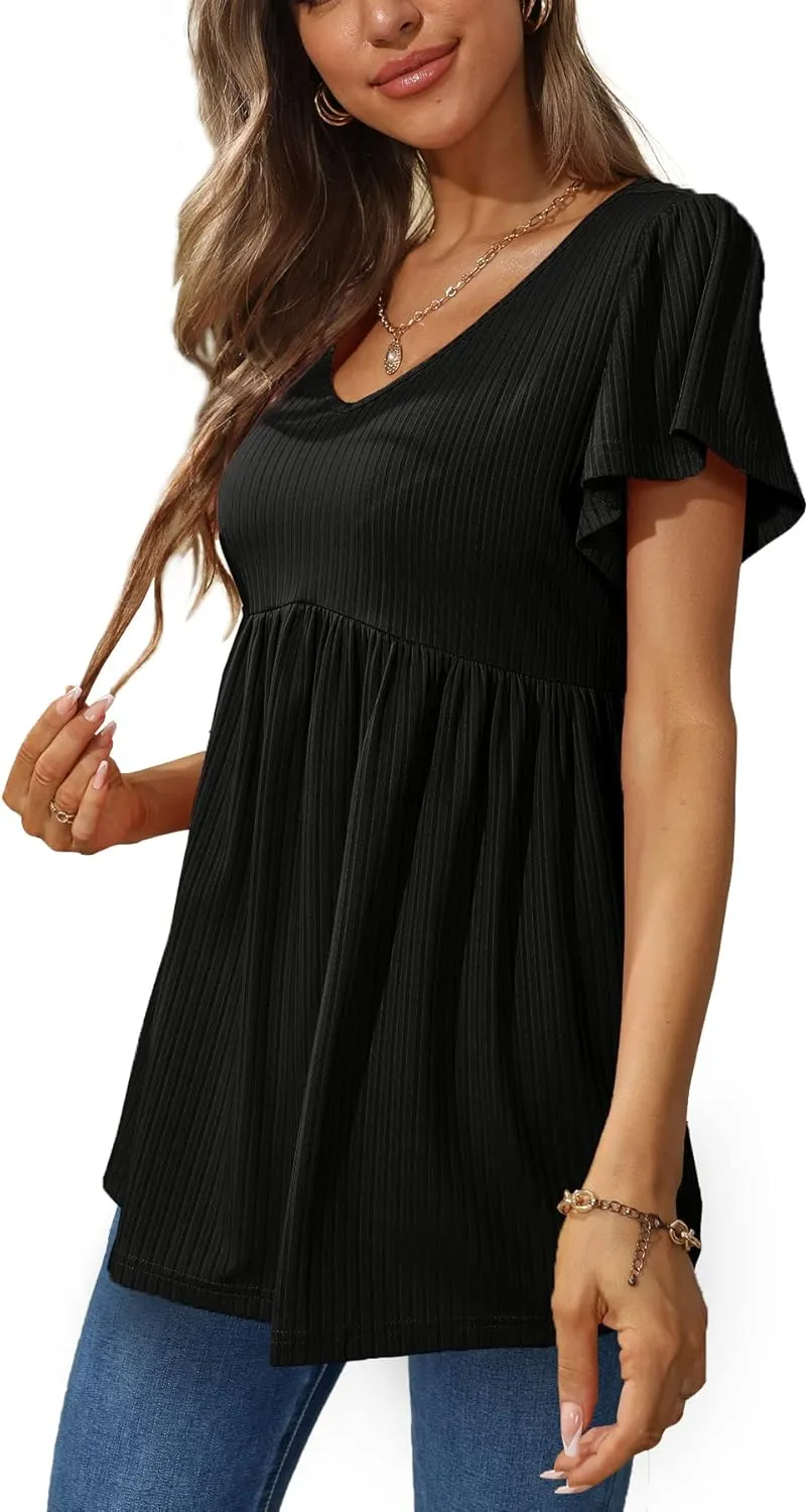 Glanzition Women Ruffle Short Sleeve V Neck Oversized Shirt Tunic Babydoll Tops