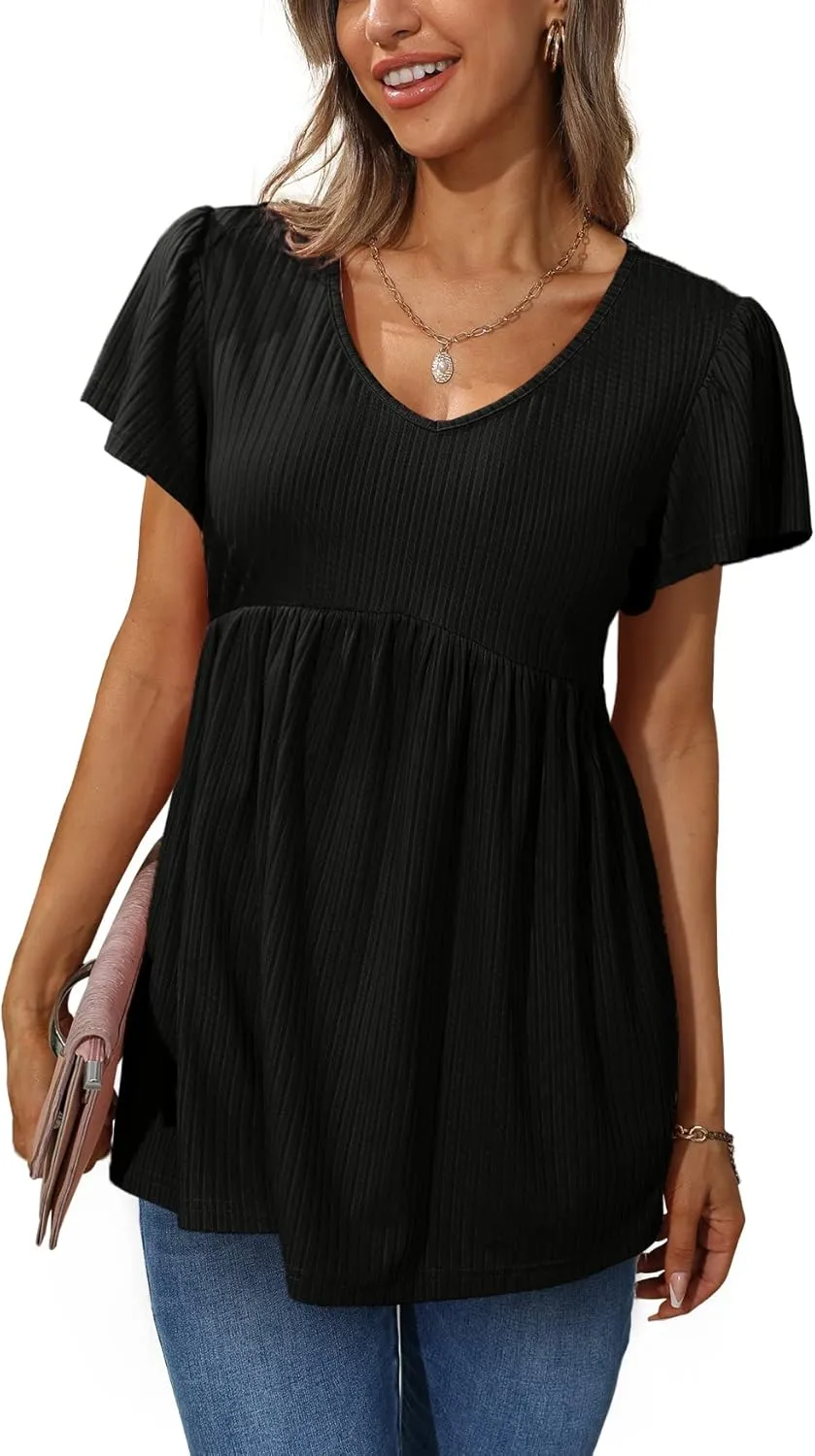 Glanzition Women Ruffle Short Sleeve V Neck Oversized Shirt Tunic Babydoll Tops