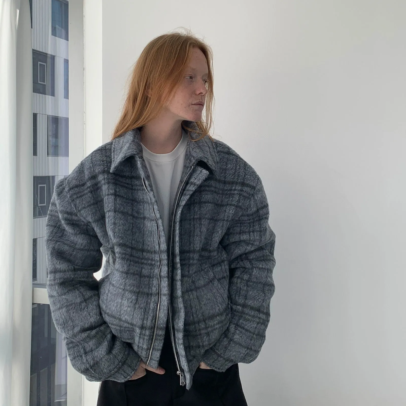 Gray Plaid Zip-Up Jacket