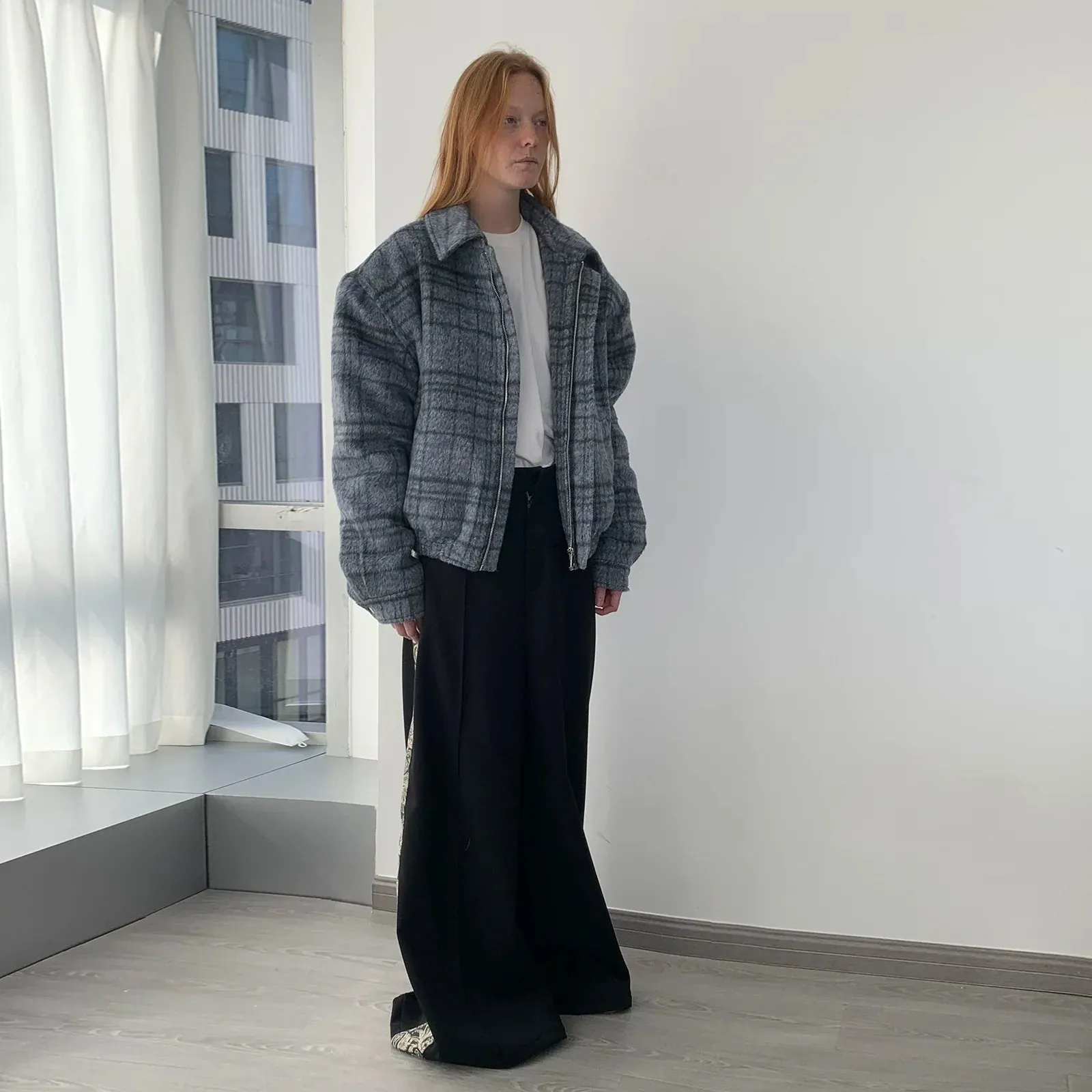 Gray Plaid Zip-Up Jacket