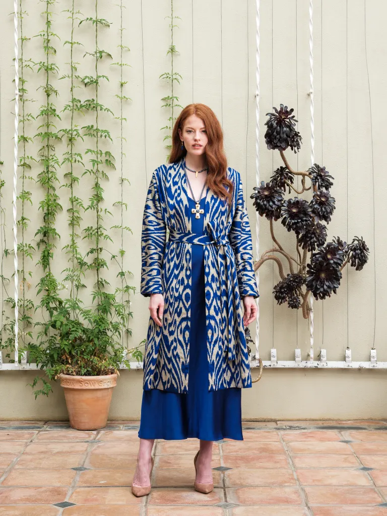 Handwoven Silk Ikat Chapan - Blue and Gold