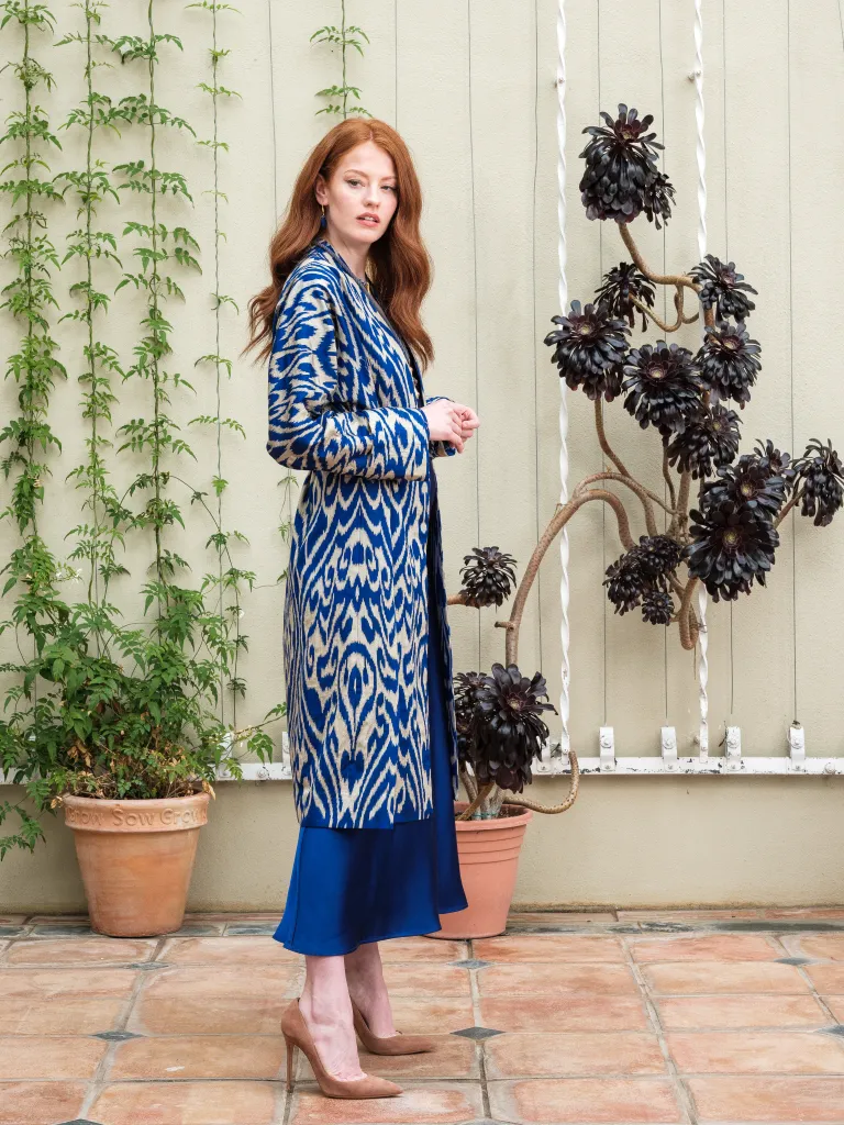 Handwoven Silk Ikat Chapan - Blue and Gold