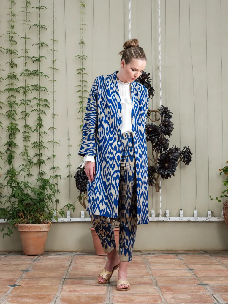 Handwoven Silk Ikat Chapan - Blue and Gold