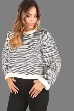 Herringbone Pattern Crew Neck Sweater