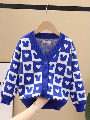 Kids Checked Cardigan With Heart Pattern, Boys Casual Knit Sweater, Boys Stylish Spring And Autumn Outerwear