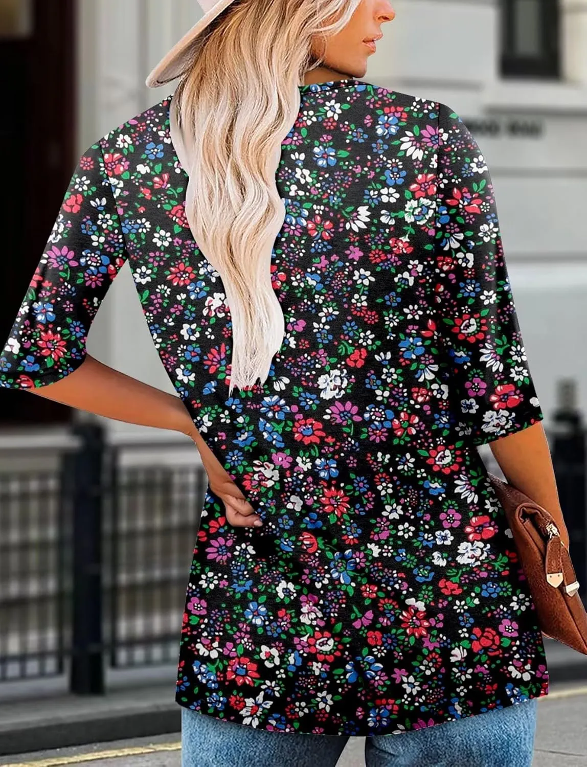 KISSMODA 3/4 Length Sleeve Shirts for Women Floral Business Shirts Tops Blouses Tops Loose Fit T-Shirts