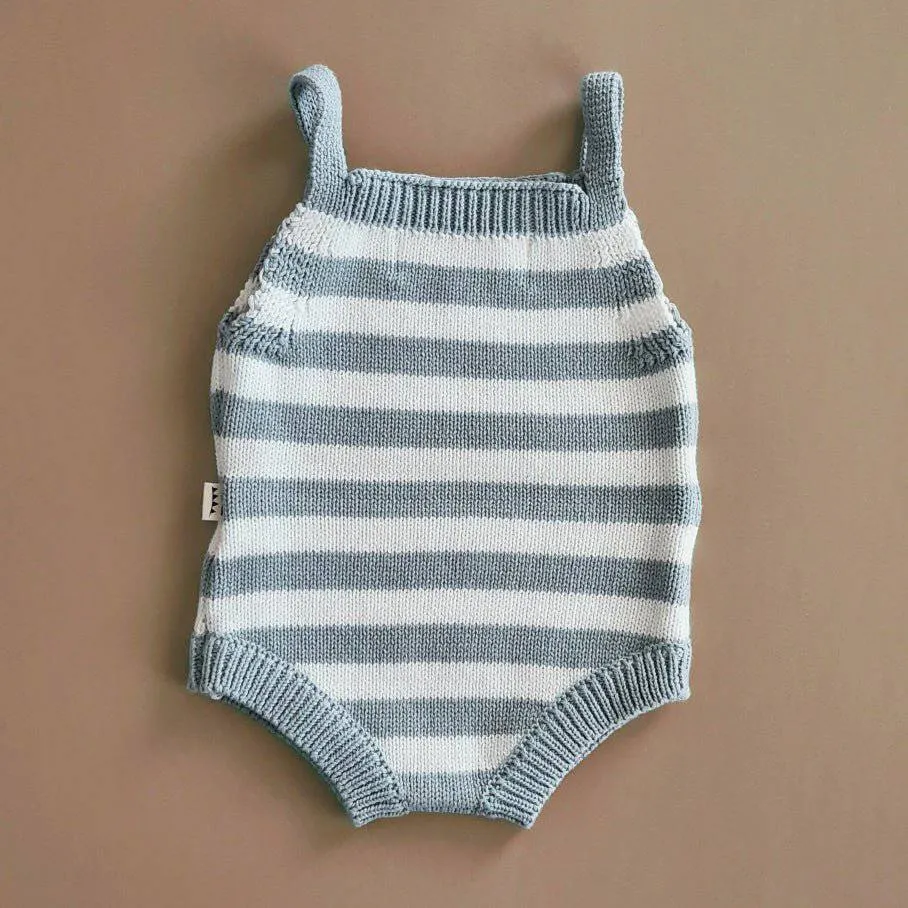Knitted Jumpsuit - Cotton - Ivory & Misty Blue Stripes