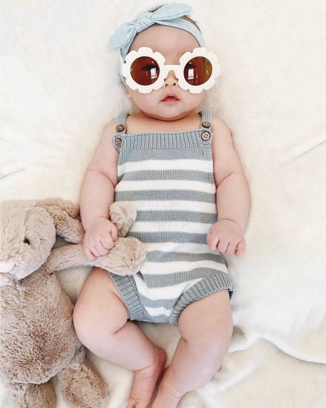 Knitted Jumpsuit - Cotton - Ivory & Misty Blue Stripes