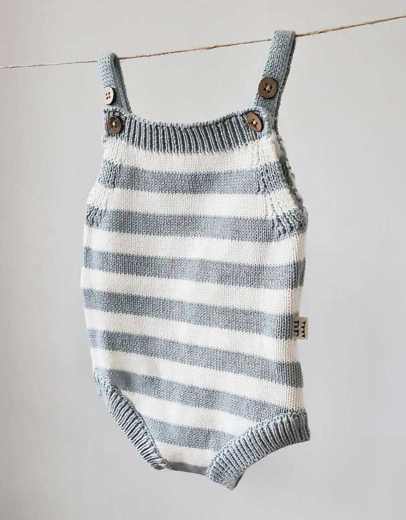 Knitted Jumpsuit - Cotton - Ivory & Misty Blue Stripes