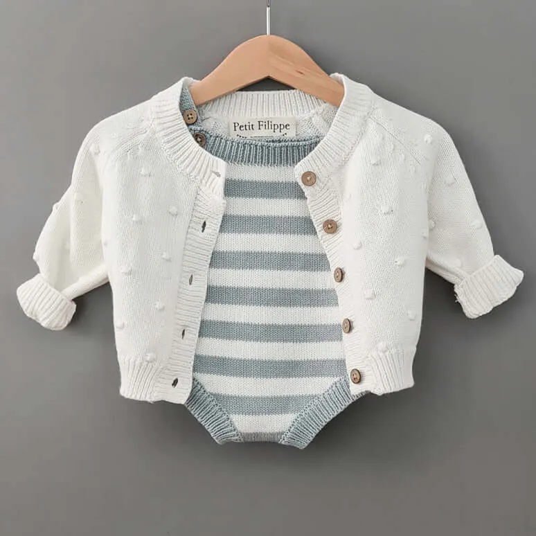 Knitted Jumpsuit - Cotton - Ivory & Misty Blue Stripes