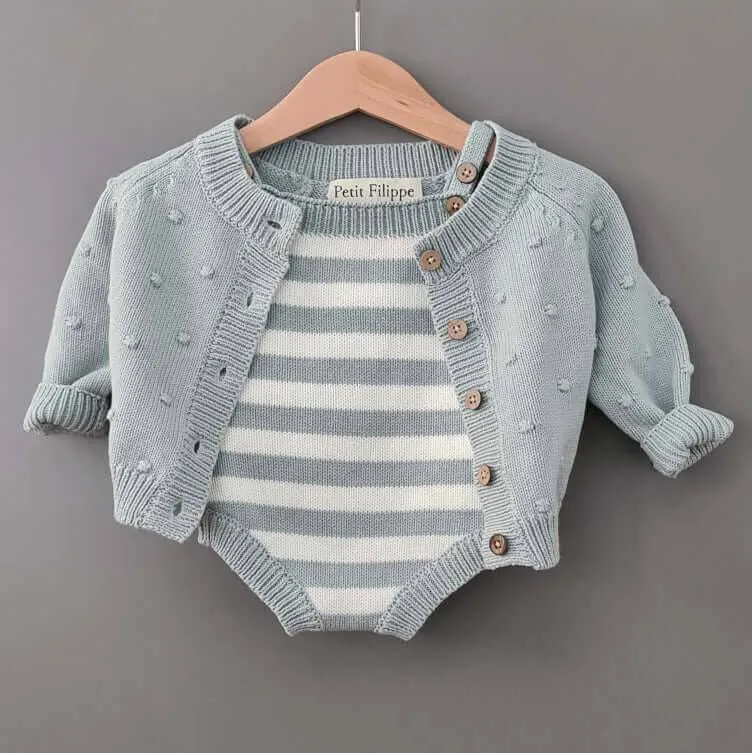Knitted Jumpsuit - Cotton - Ivory & Misty Blue Stripes