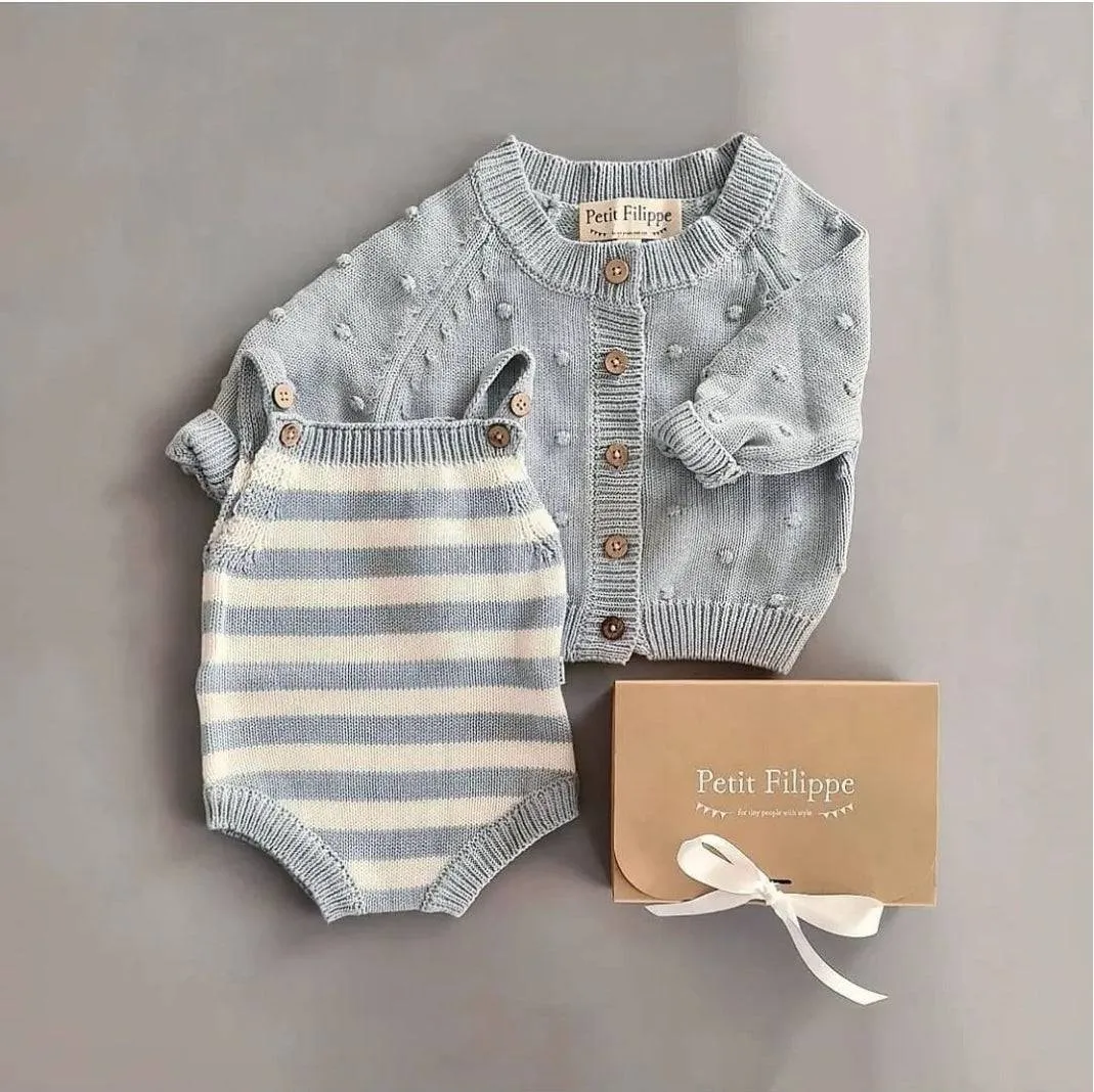 Knitted Jumpsuit - Cotton - Ivory & Misty Blue Stripes