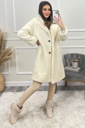 Liesha Cream Teddy Button Up Longline Coat