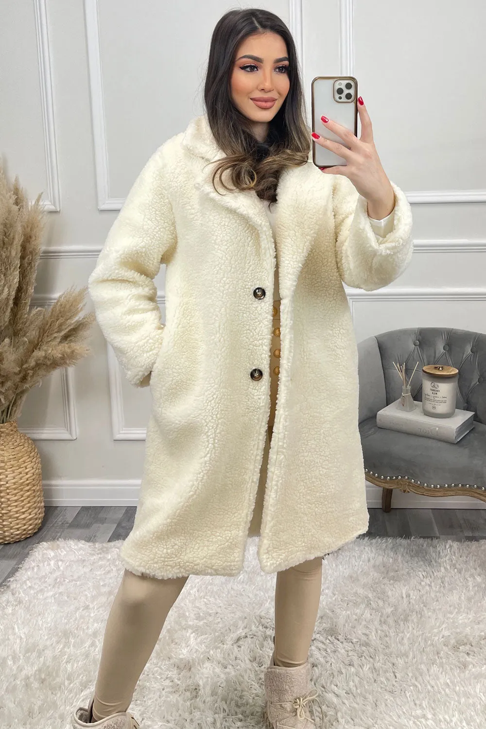 Liesha Cream Teddy Button Up Longline Coat