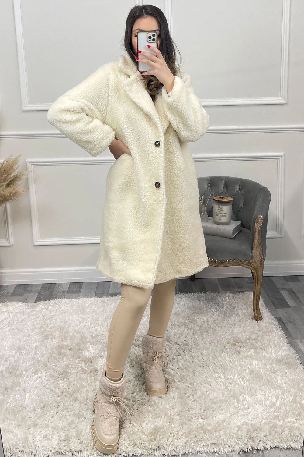 Liesha Cream Teddy Button Up Longline Coat