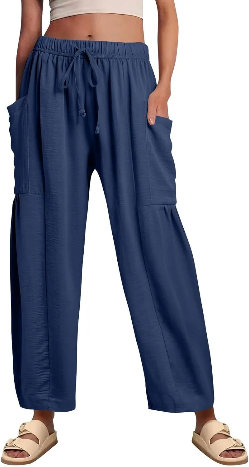 Linen Pants Women Casual Drawstring Cropped Barrel Palazzo Harem Pants Flowy Boho Beach Lounge Pants with Pockets