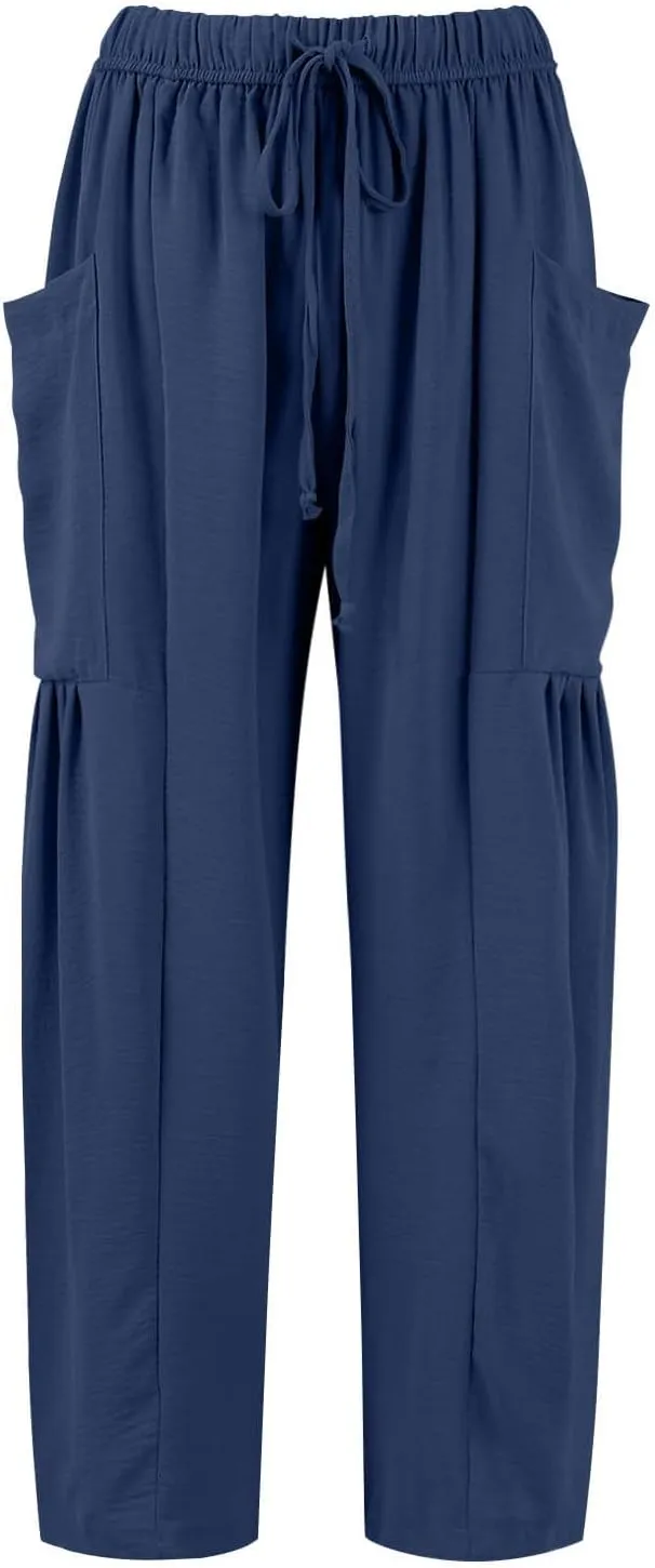 Linen Pants Women Casual Drawstring Cropped Barrel Palazzo Harem Pants Flowy Boho Beach Lounge Pants with Pockets