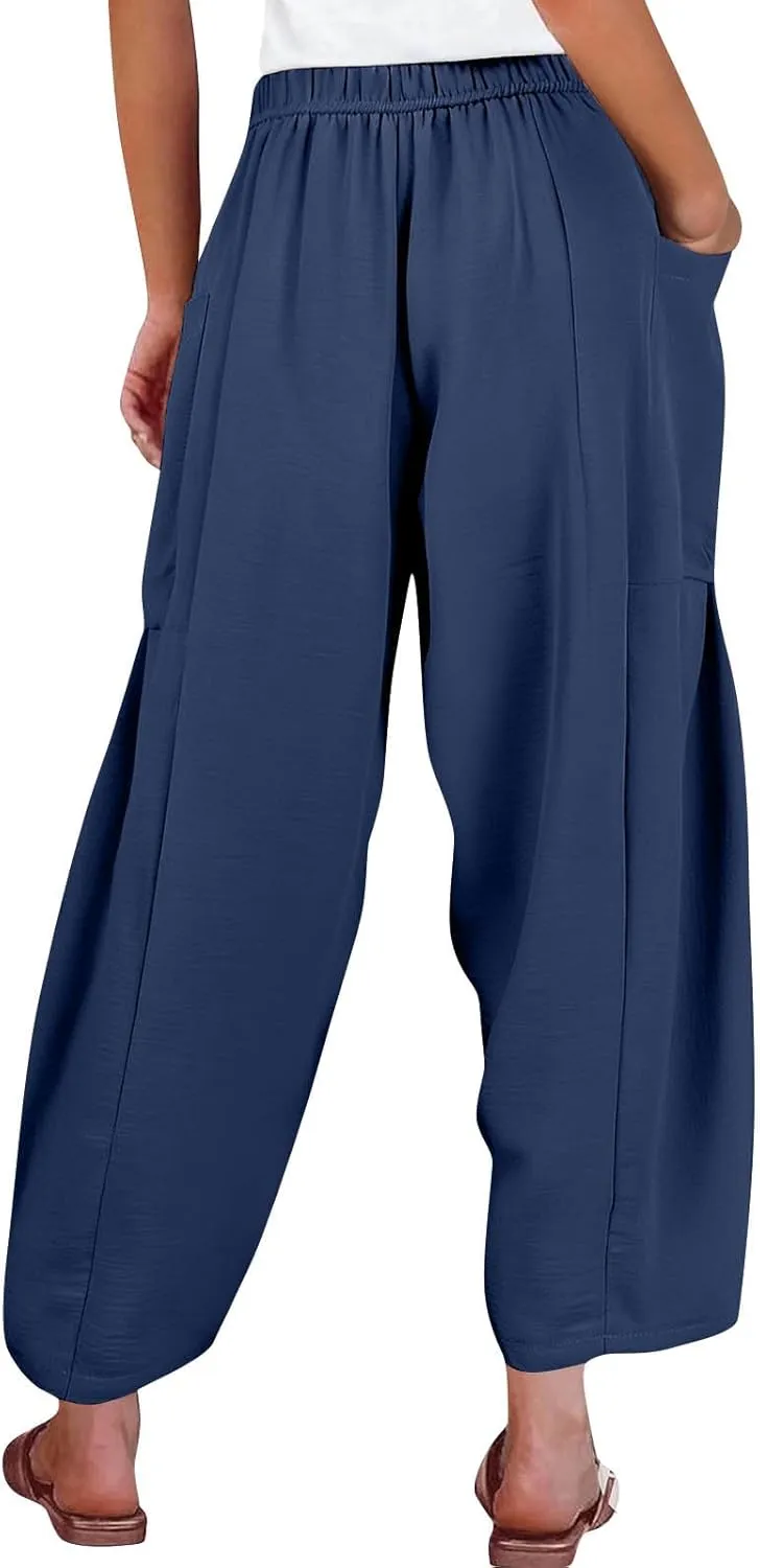 Linen Pants Women Casual Drawstring Cropped Barrel Palazzo Harem Pants Flowy Boho Beach Lounge Pants with Pockets