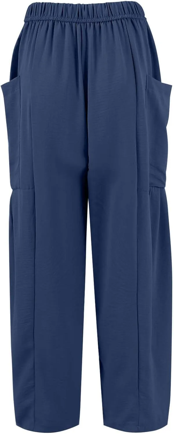 Linen Pants Women Casual Drawstring Cropped Barrel Palazzo Harem Pants Flowy Boho Beach Lounge Pants with Pockets