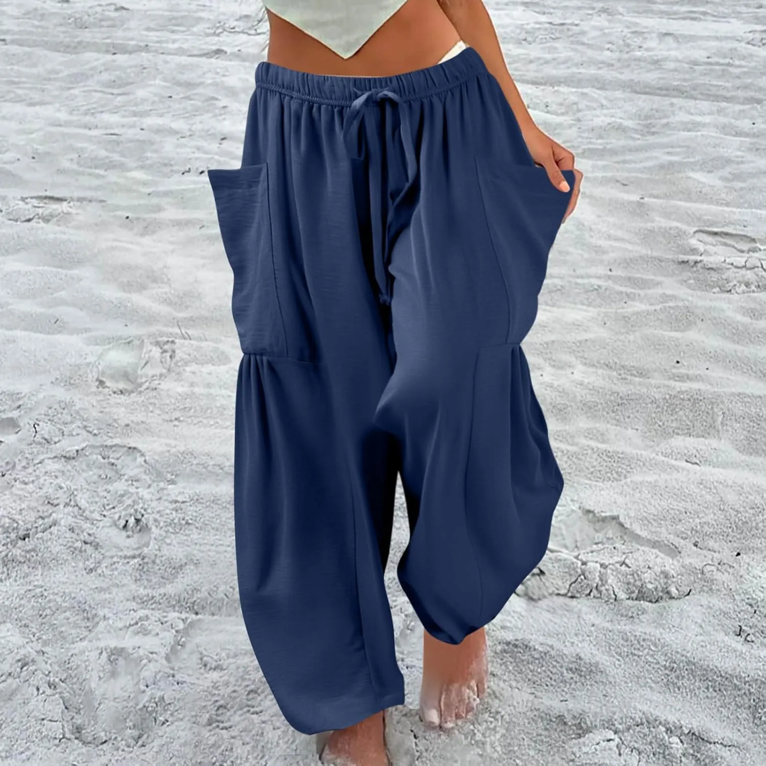 Linen Pants Women Casual Drawstring Cropped Barrel Palazzo Harem Pants Flowy Boho Beach Lounge Pants with Pockets