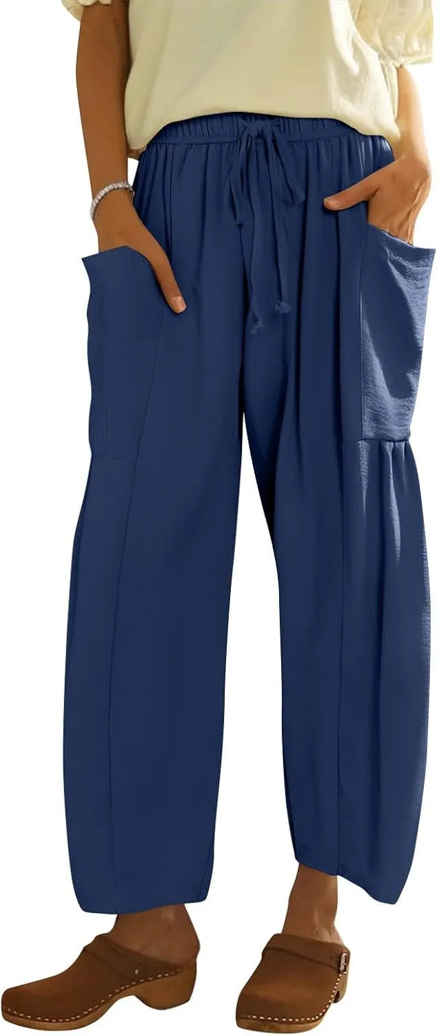 Linen Pants Women Casual Drawstring Cropped Barrel Palazzo Harem Pants Flowy Boho Beach Lounge Pants with Pockets