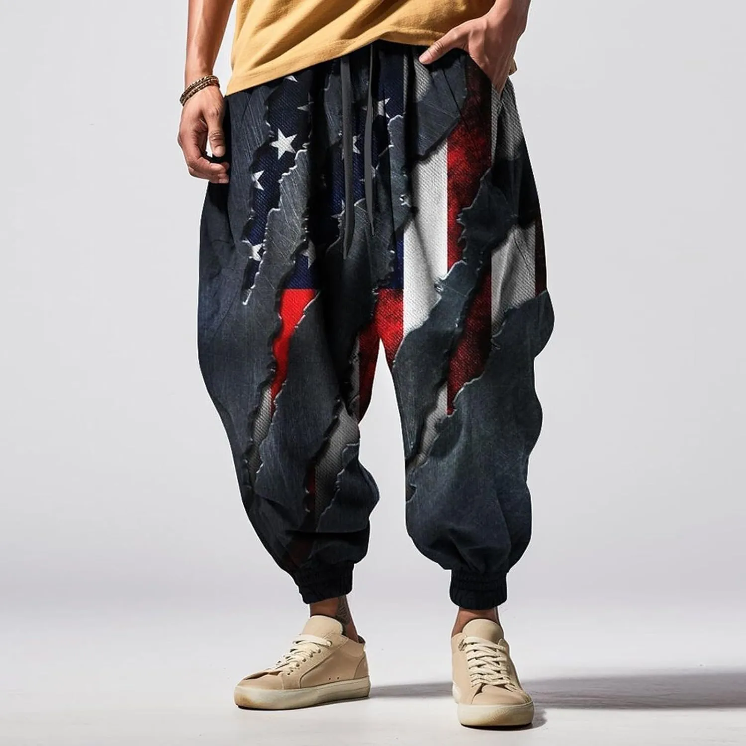 Loose Drop Crotch Trousers Casual Drawstring Men Elastic Waist with Pockets Tapered Sweatpants for Men Multi Pockets
