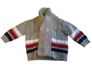 M&S Autograph Grey Striped Chunky Knit Grandad Cardigan - Boys 3-6m