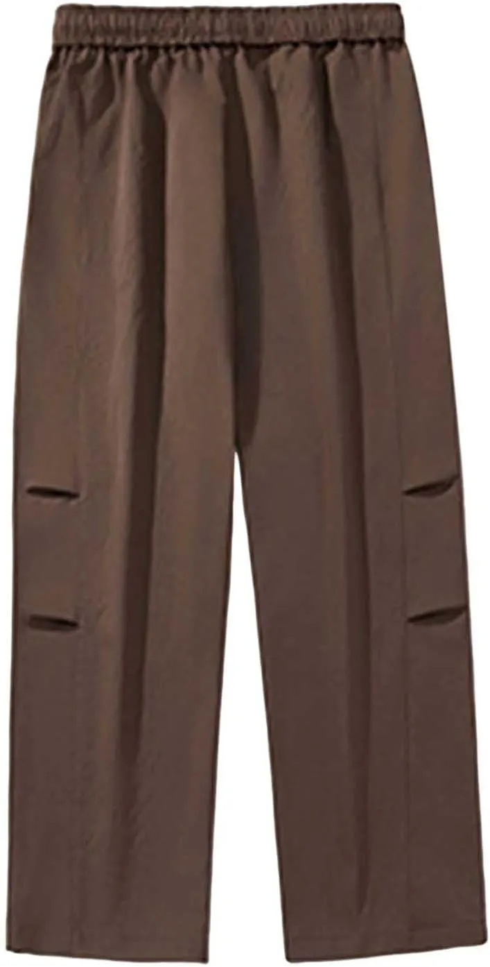 Mens Breathable Lightweight Cotton Linen Pants, Loose Baggy Cargo Pants Wide Leg Elastic Waist Drawstring with Pockets