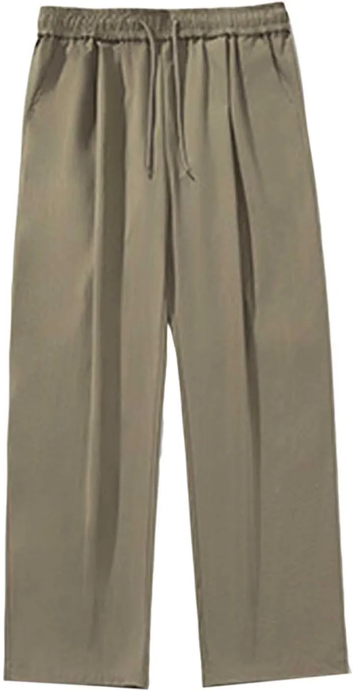 Mens Breathable Lightweight Cotton Linen Pants, Loose Baggy Cargo Pants Wide Leg Elastic Waist Drawstring with Pockets