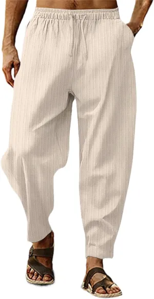 Mens Heavyweight Fleece Cargo Sweatpants Cotton and Linen Pocket Elastic Waist Large Hiking Outdoor Twill Track Pants