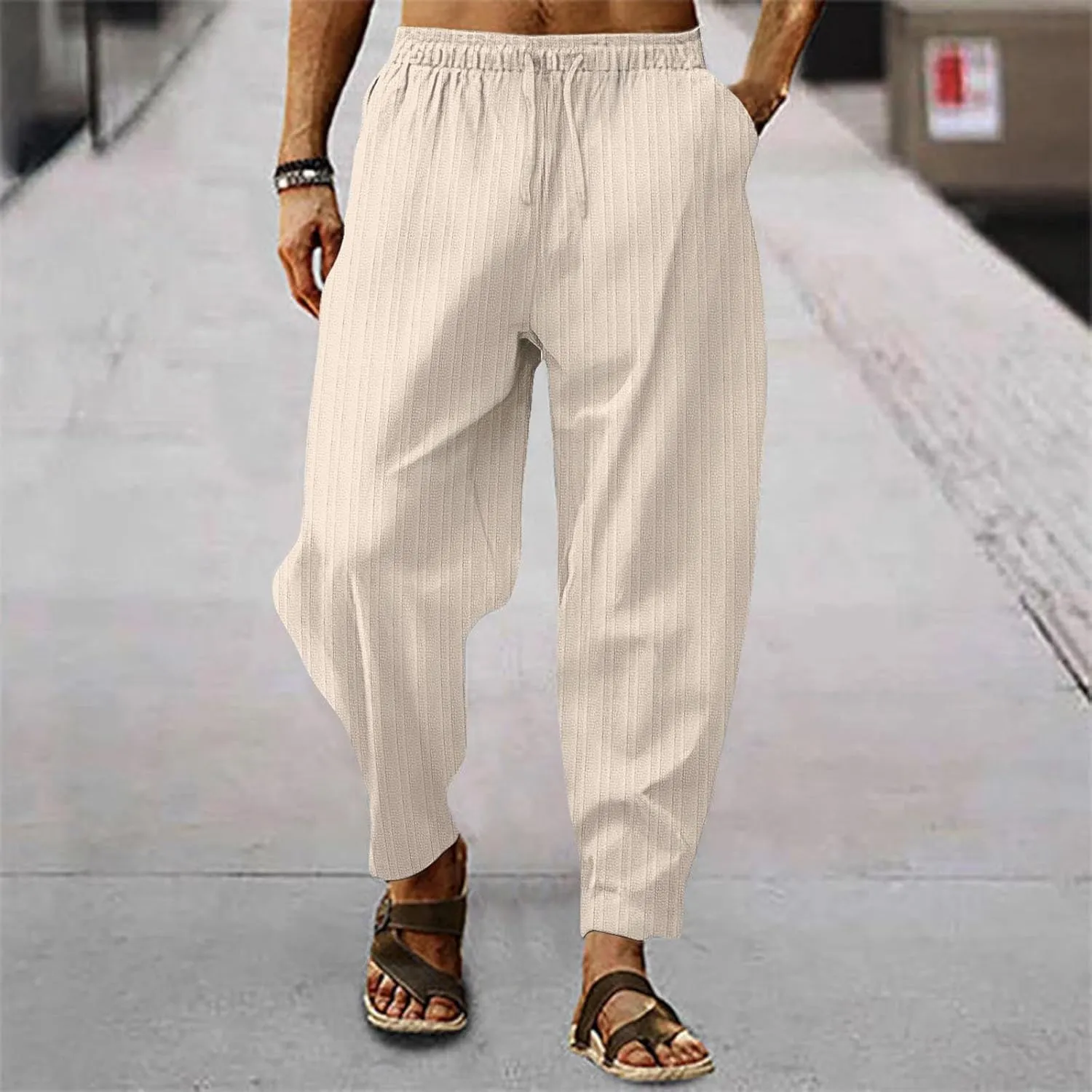 Mens Heavyweight Fleece Cargo Sweatpants Cotton and Linen Pocket Elastic Waist Large Hiking Outdoor Twill Track Pants