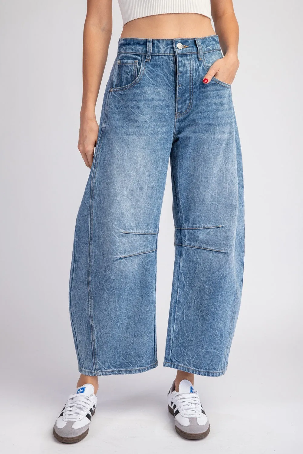 Mineral Washed Barrel Pants Featuring a Button and Zipper Closure
