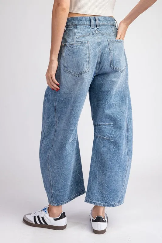 Mineral Washed Barrel Pants Featuring a Button and Zipper Closure