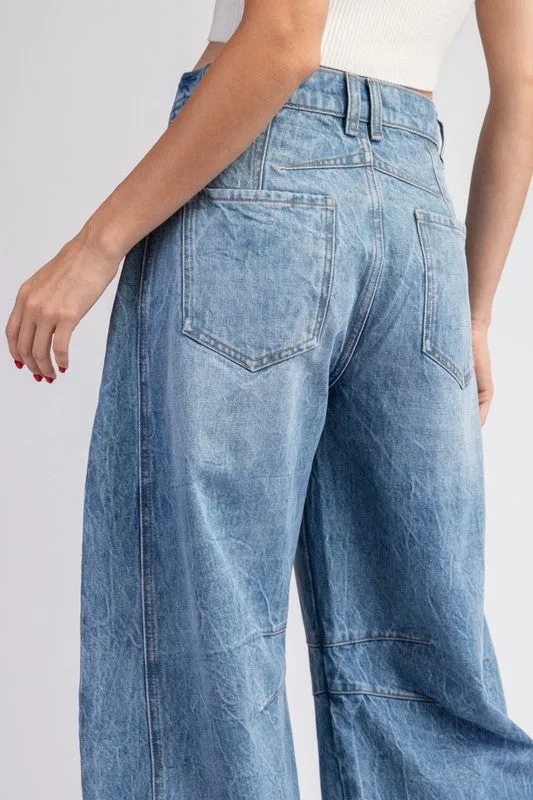 Mineral Washed Barrel Pants Featuring a Button and Zipper Closure