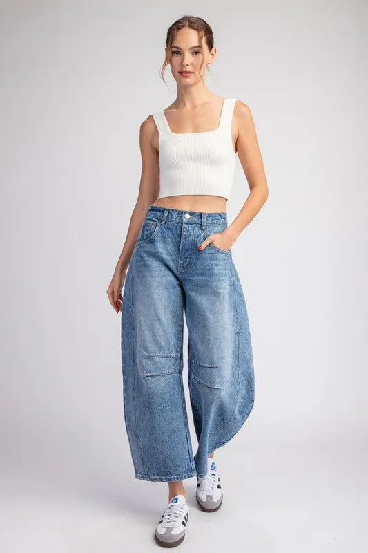 Mineral Washed Barrel Pants Featuring a Button and Zipper Closure