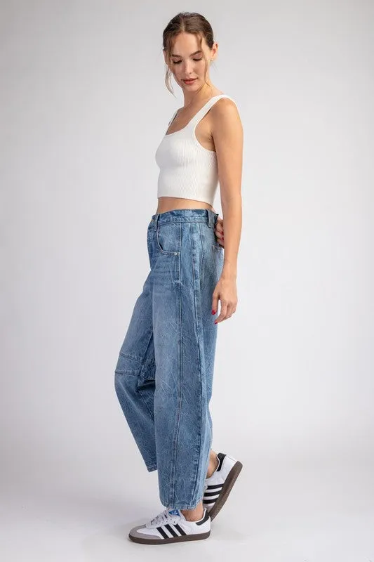Mineral Washed Barrel Pants Featuring a Button and Zipper Closure
