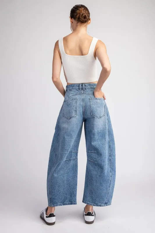 Mineral Washed Barrel Pants Featuring a Button and Zipper Closure