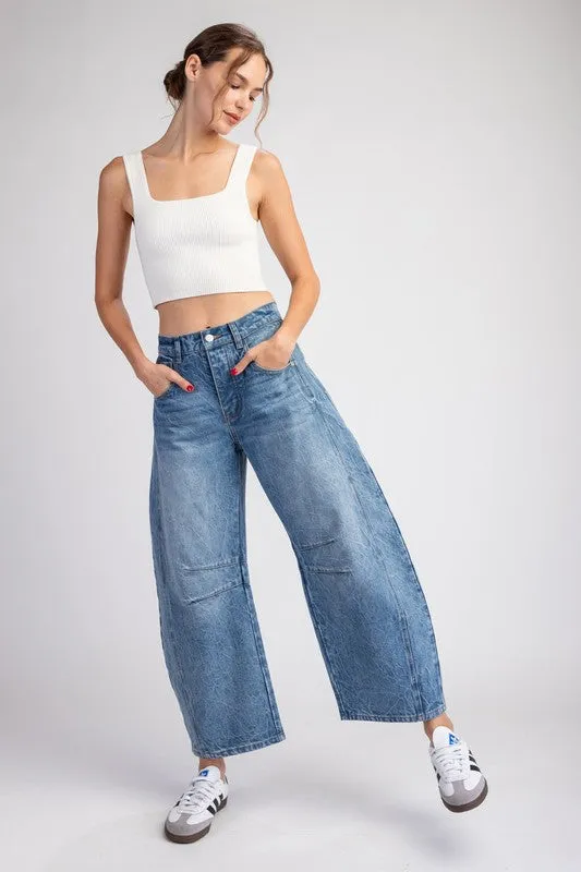 Mineral Washed Barrel Pants Featuring a Button and Zipper Closure