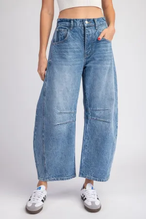 Mineral Washed Barrel Pants Featuring a Button and Zipper Closure