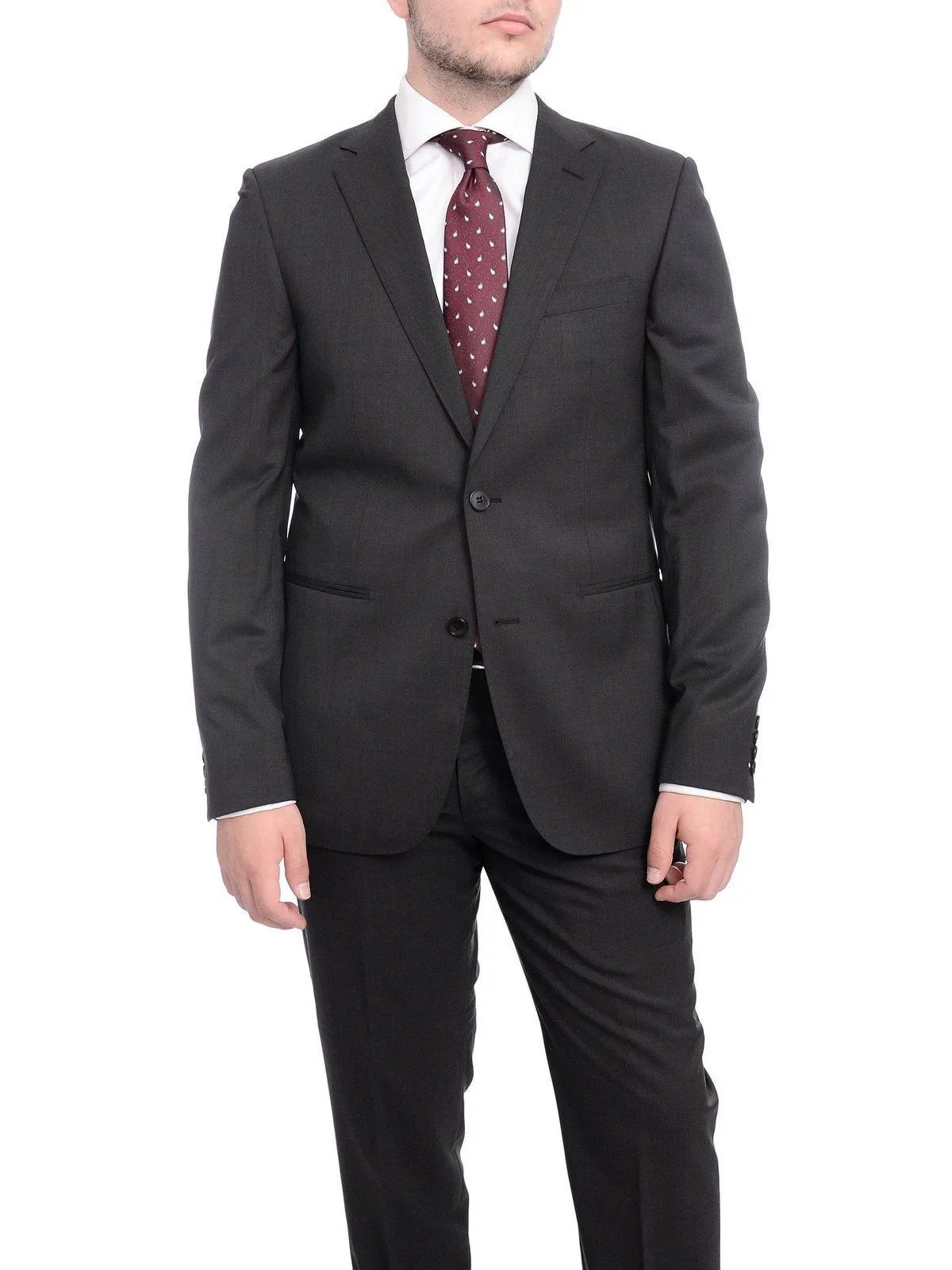 Napoli Slim Fit Solid Charcoal Gray Two Button Half Canvassed Marzotto Wool Suit