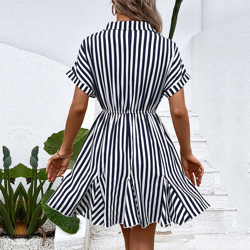New Fashion Collared Striped Shirt Dress