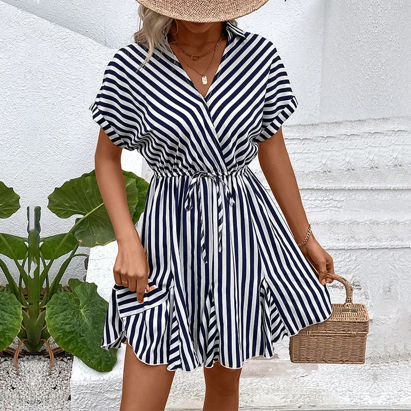 New Fashion Collared Striped Shirt Dress