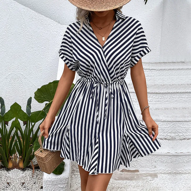 New Fashion Collared Striped Shirt Dress