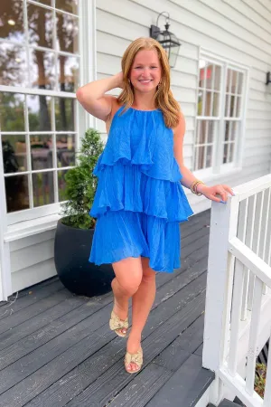 No Time Wasted Blue Ruffle Layered Halter Mini Dress