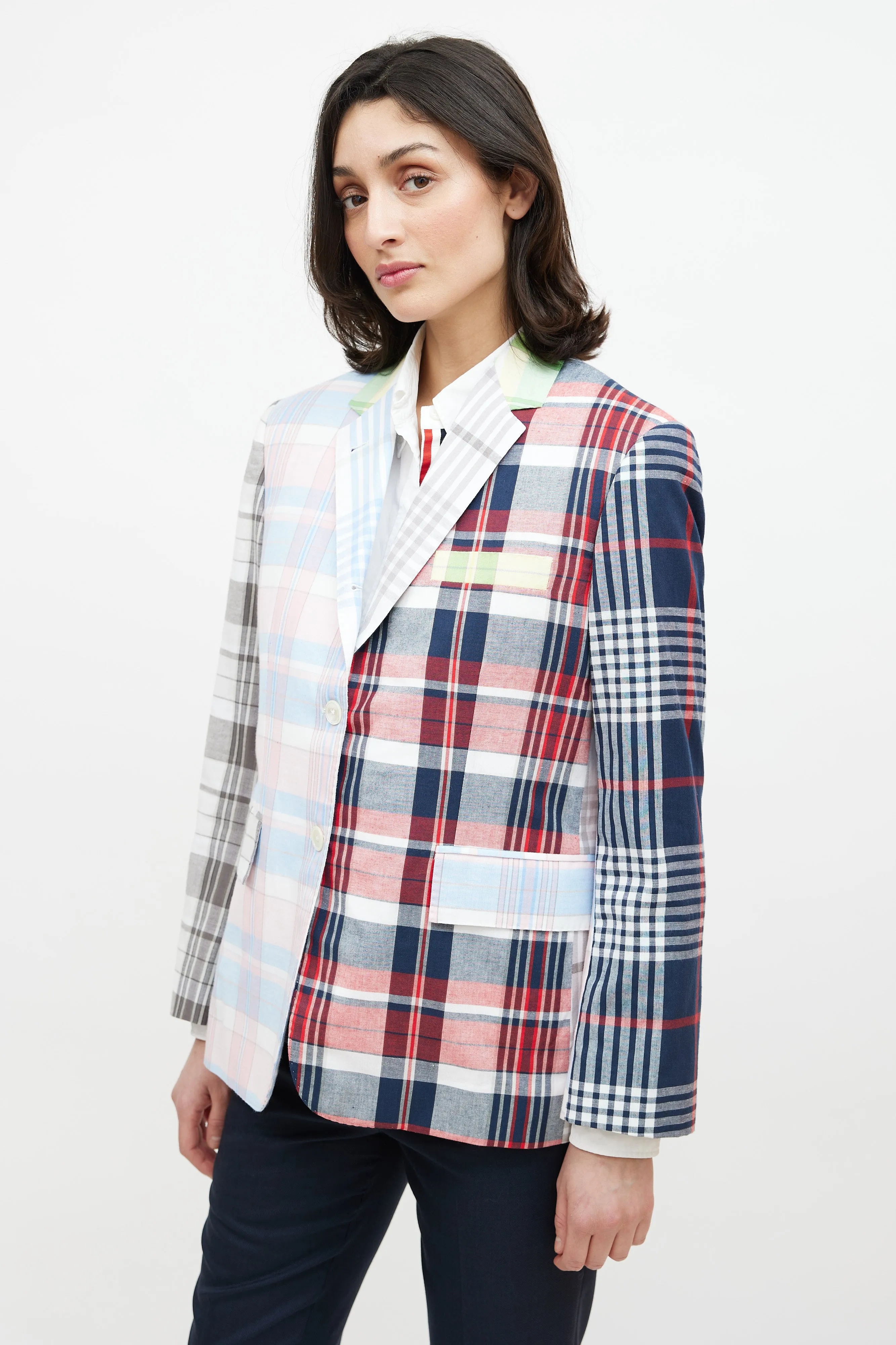 Pink & Multicolour Plaid Blazer